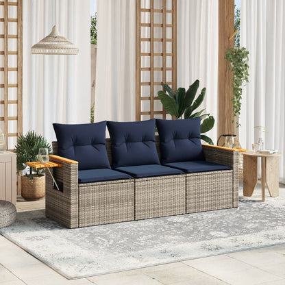 3-tlg. Garten-Sofagarnitur mit Kissen Grau Poly Rattan