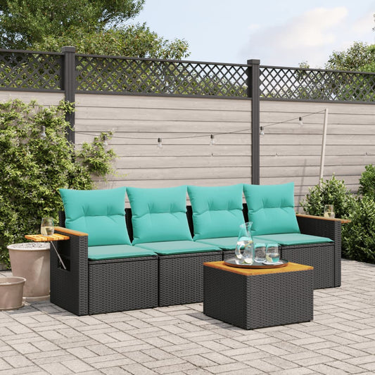 5-tlg. Garten-Sofagarnitur mit Kissen Schwarz Poly Rattan