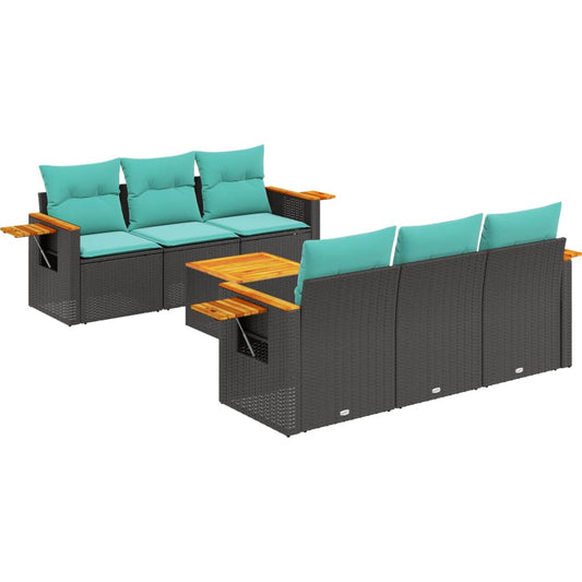 7-tlg. Garten-Sofagarnitur mit Kissen Schwarz Poly Rattan