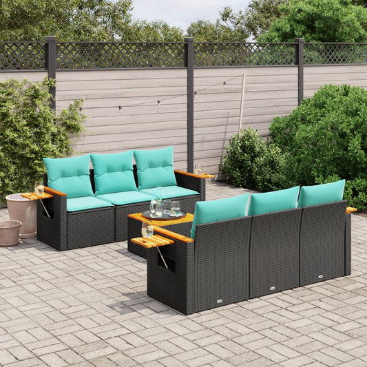 7-tlg. Garten-Sofagarnitur mit Kissen Schwarz Poly Rattan