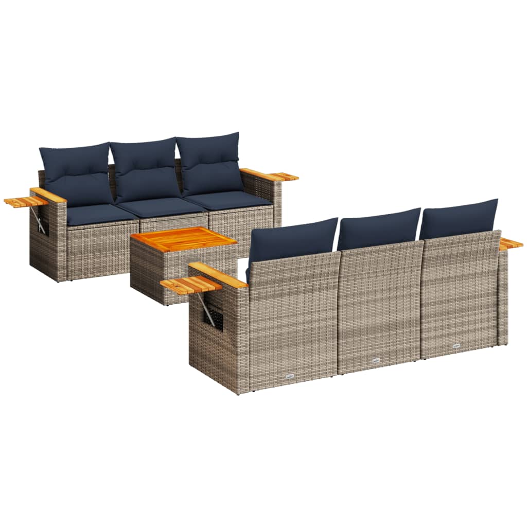 7-tlg. Garten-Sofagarnitur mit Kissen Grau Poly Rattan