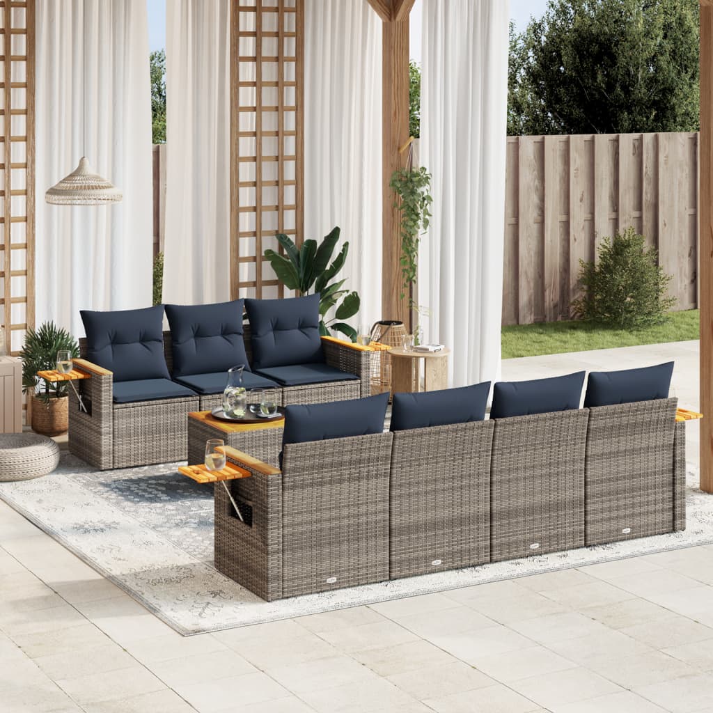 8-tlg. Garten-Sofagarnitur mit Kissen Grau Poly Rattan