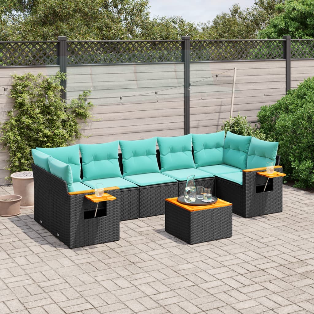 8-tlg. Garten-Sofagarnitur mit Kissen Schwarz Poly Rattan