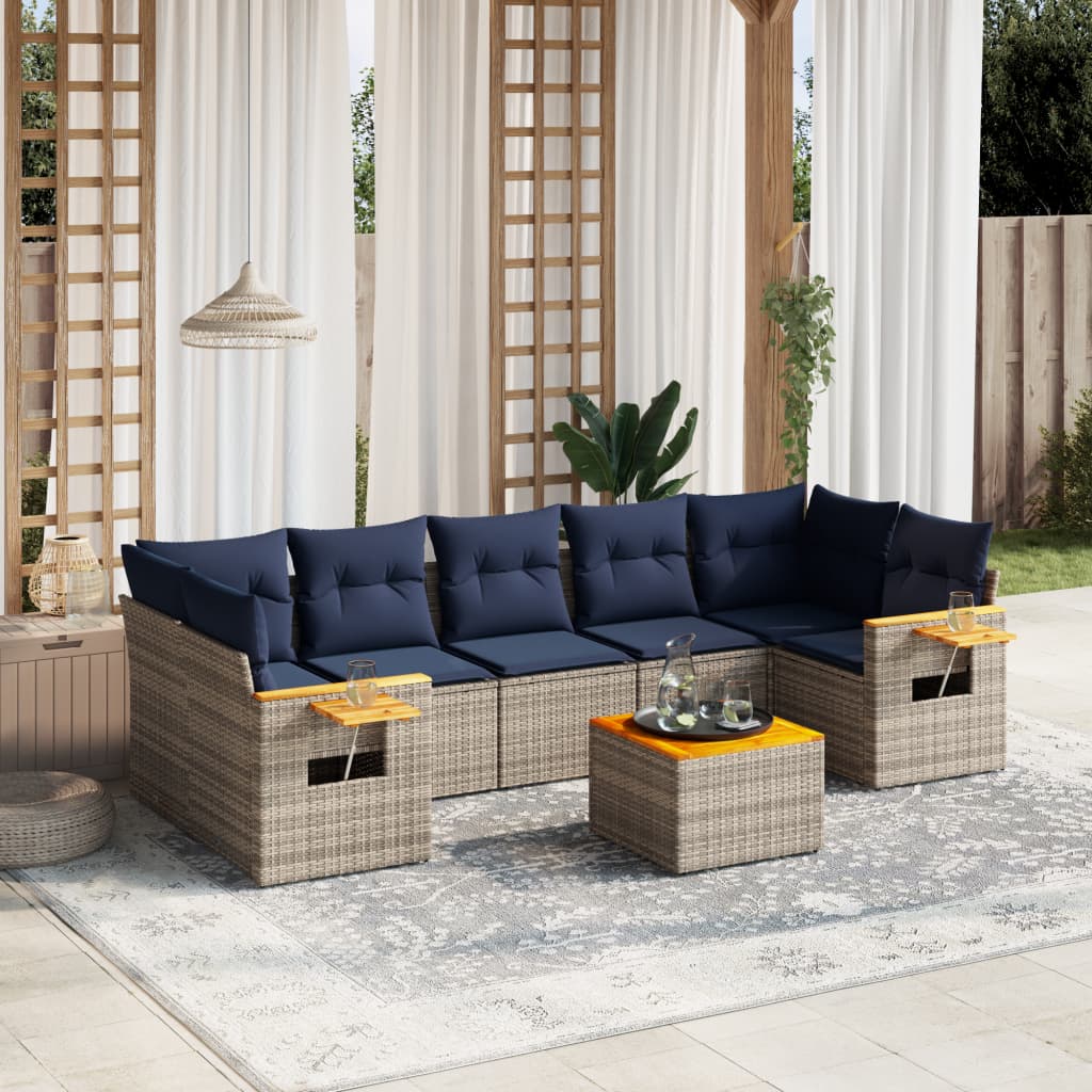 8-tlg. Garten-Sofagarnitur mit Kissen Grau Poly Rattan