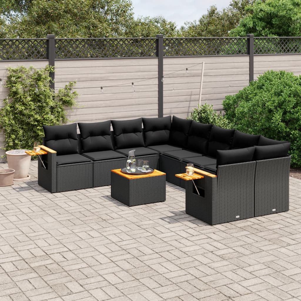 9-tlg. Garten-Sofagarnitur mit Kissen Schwarz Poly Rattan