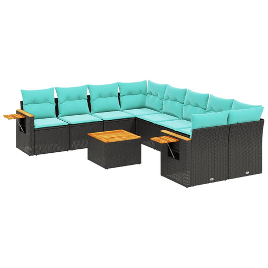 9-tlg. Garten-Sofagarnitur mit Kissen Schwarz Poly Rattan