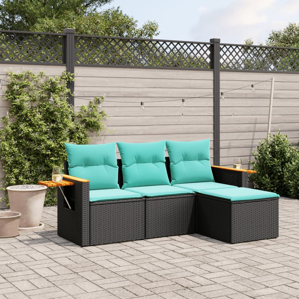4-tlg. Garten-Sofagarnitur mit Kissen Schwarz Poly Rattan