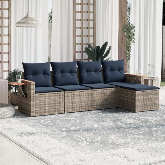5-tlg. Garten-Sofagarnitur mit Kissen Grau Poly Rattan