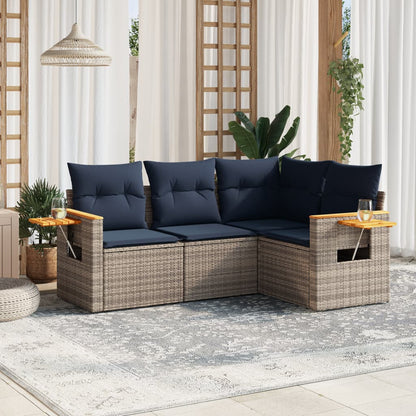 4-tlg. Garten-Sofagarnitur mit Kissen Grau Poly Rattan