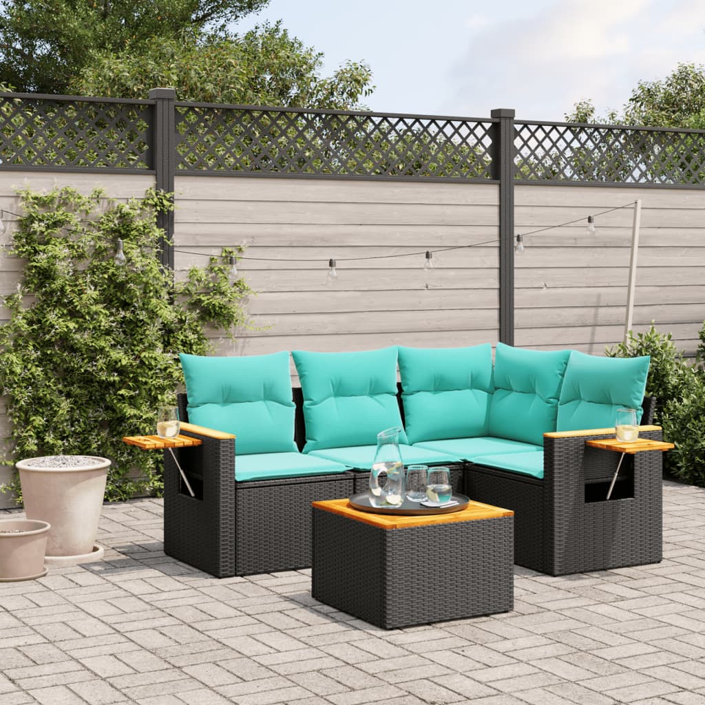 5-tlg. Garten-Sofagarnitur mit Kissen Schwarz Poly Rattan