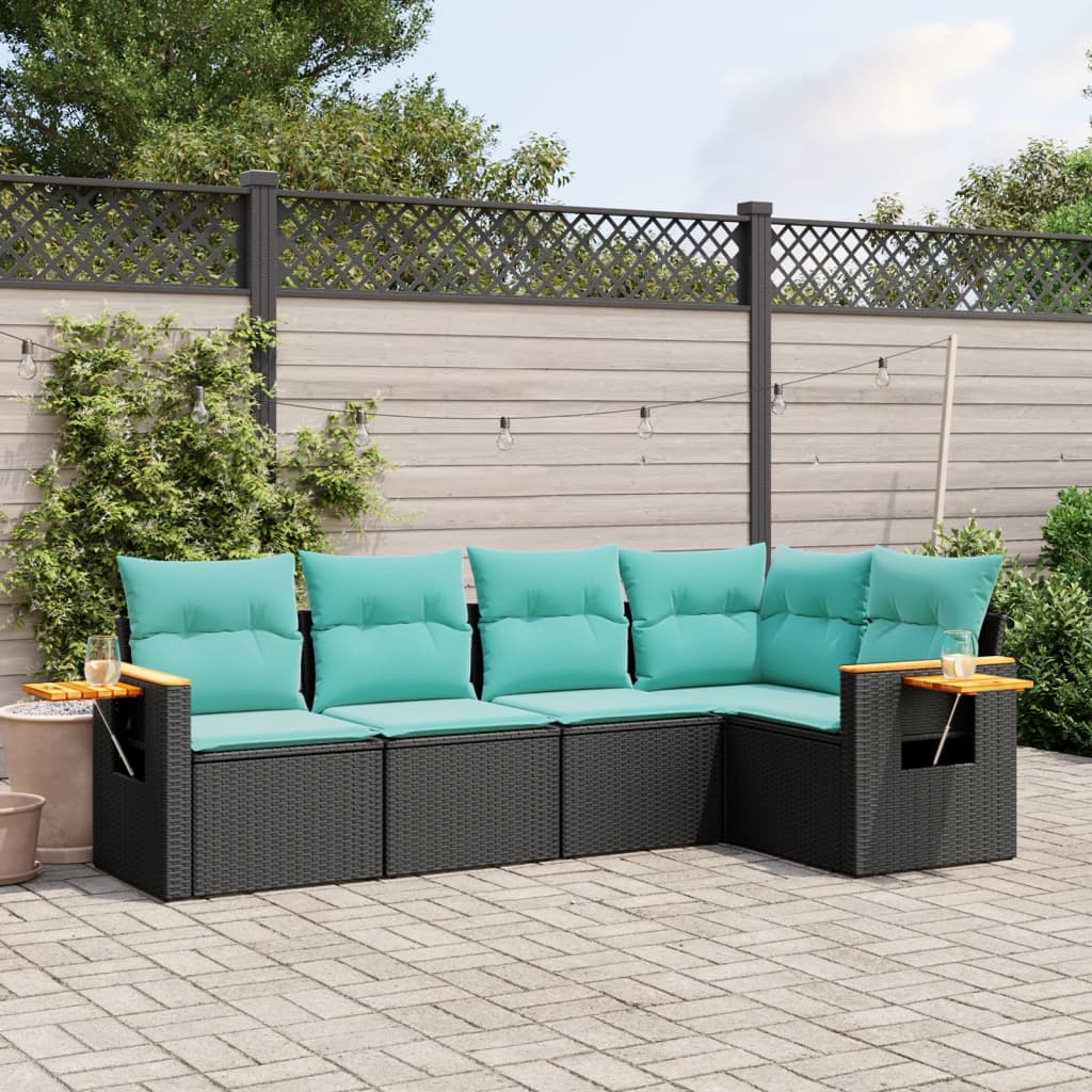 5-tlg. Garten-Sofagarnitur mit Kissen Schwarz Poly Rattan