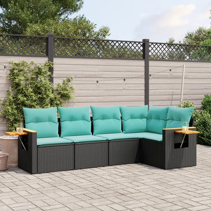 5-tlg. Garten-Sofagarnitur mit Kissen Schwarz Poly Rattan