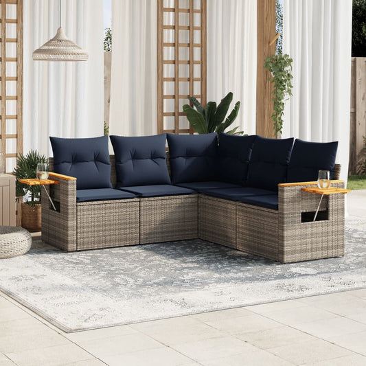 5-tlg. Garten-Sofagarnitur mit Kissen Grau Poly Rattan