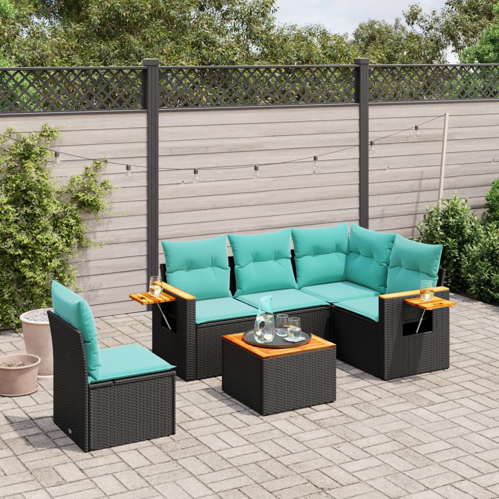 6-tlg. Garten-Sofagarnitur mit Kissen Schwarz Poly Rattan