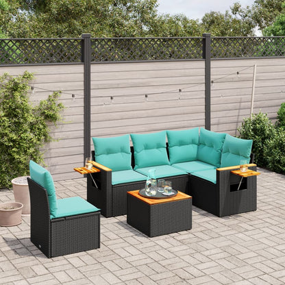 6-tlg. Garten-Sofagarnitur mit Kissen Schwarz Poly Rattan