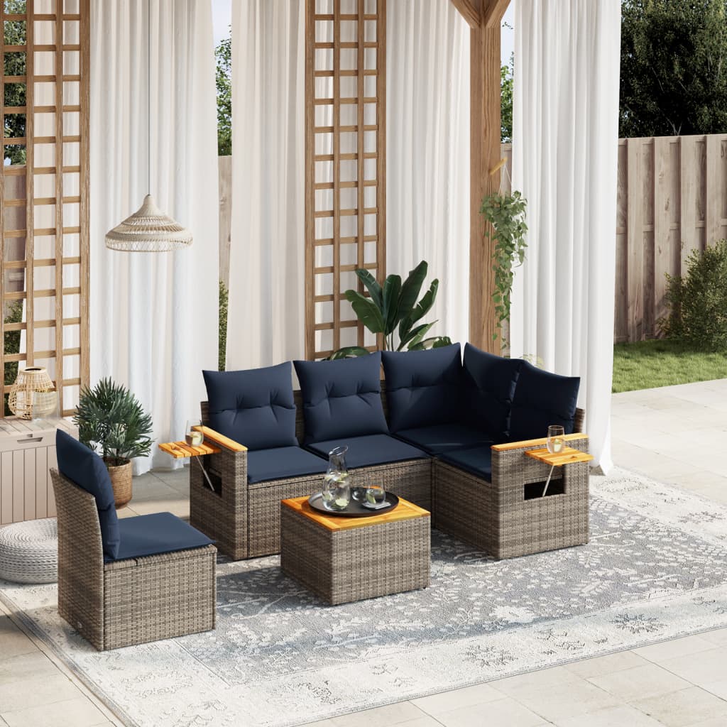 6-tlg. Garten-Sofagarnitur mit Kissen Grau Poly Rattan