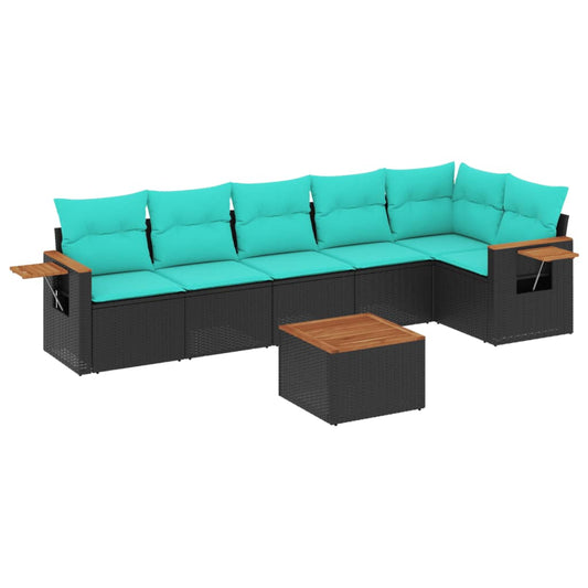 7-tlg. Garten-Sofagarnitur mit Kissen Schwarz Poly Rattan
