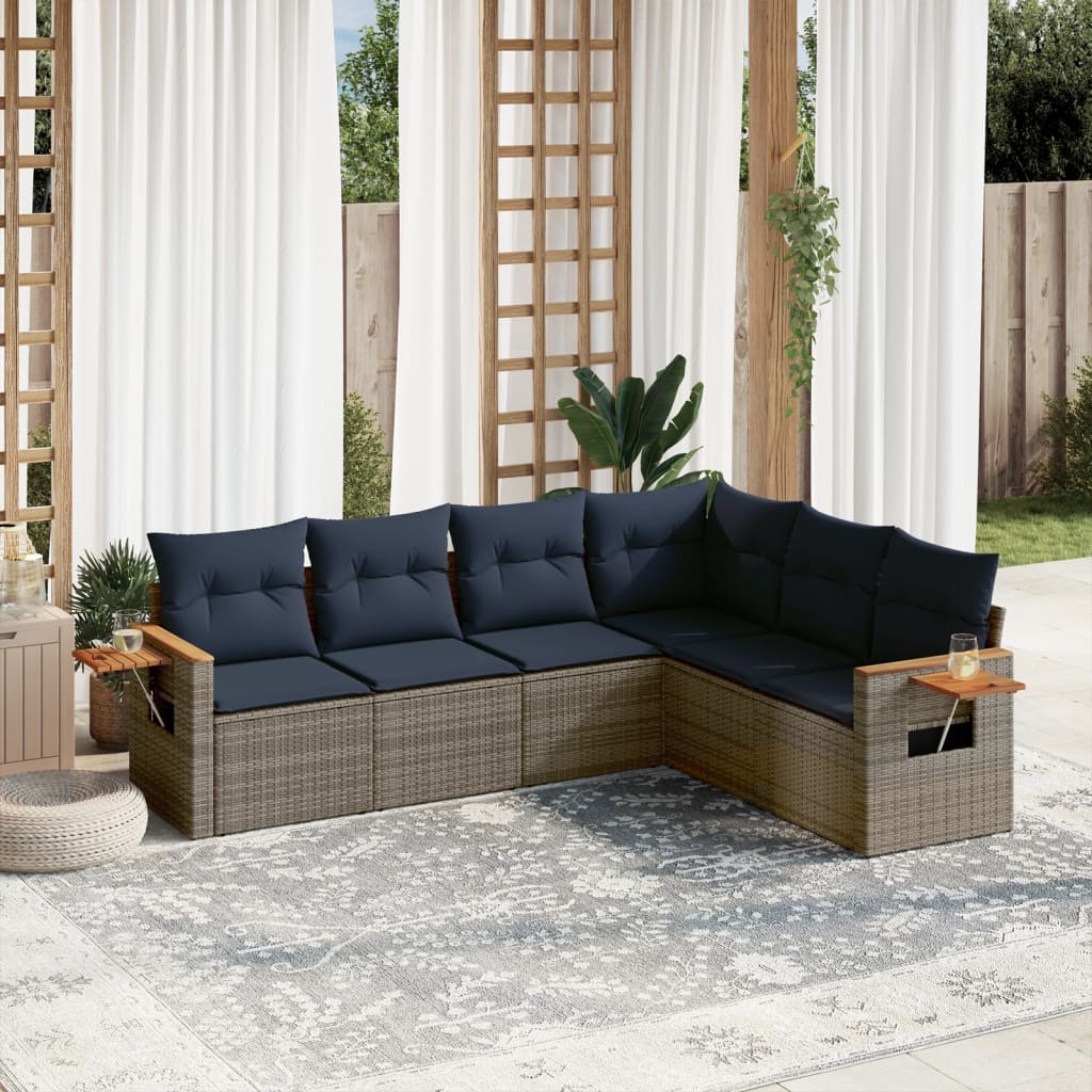 6-tlg. Garten-Sofagarnitur mit Kissen Grau Poly Rattan