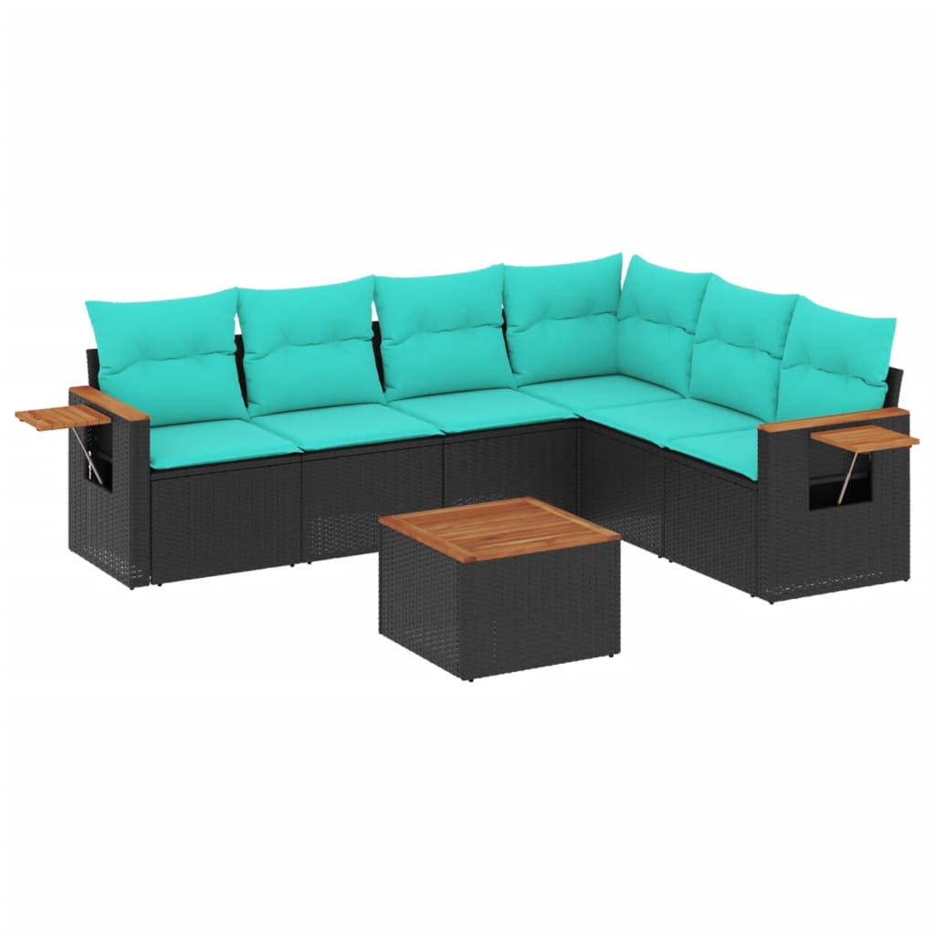 7-tlg. Garten-Sofagarnitur mit Kissen Schwarz Poly Rattan