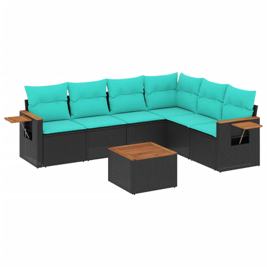 7-tlg. Garten-Sofagarnitur mit Kissen Schwarz Poly Rattan