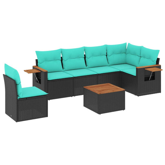 7-tlg. Garten-Sofagarnitur mit Kissen Schwarz Poly Rattan