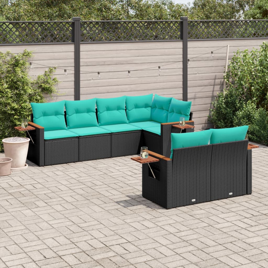 7-tlg. Garten-Sofagarnitur mit Kissen Schwarz Poly Rattan