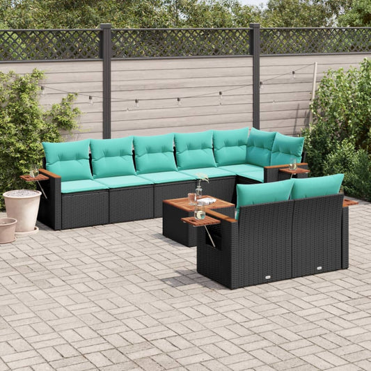 9-tlg. Garten-Sofagarnitur mit Kissen Schwarz Poly Rattan