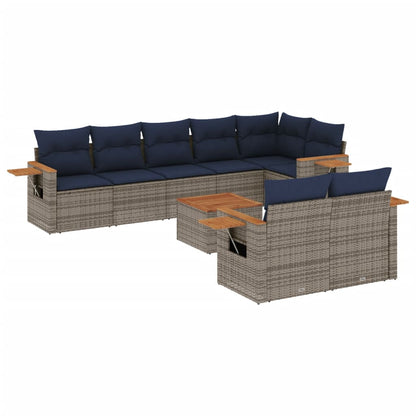 9-tlg. Garten-Sofagarnitur mit Kissen Grau Poly Rattan