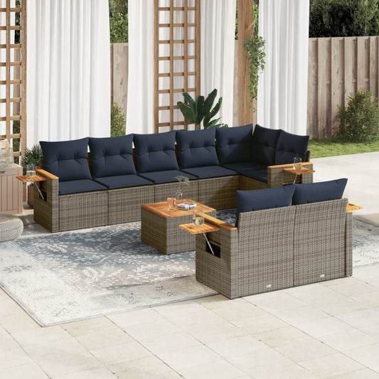 9-tlg. Garten-Sofagarnitur mit Kissen Grau Poly Rattan