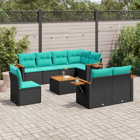 9-tlg. Garten-Sofagarnitur mit Kissen Schwarz Poly Rattan