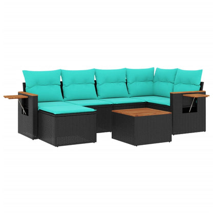 7-tlg. Garten-Sofagarnitur mit Kissen Schwarz Poly Rattan
