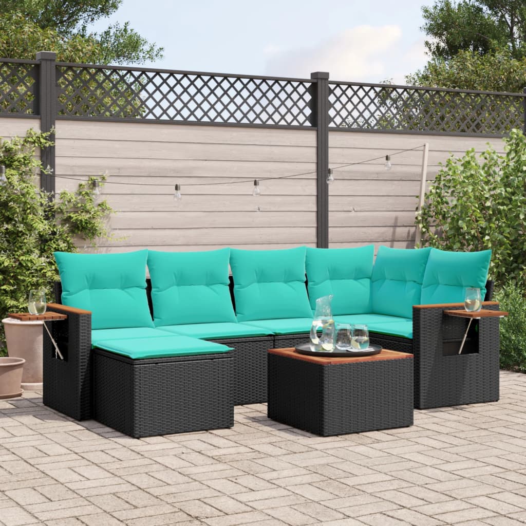 7-tlg. Garten-Sofagarnitur mit Kissen Schwarz Poly Rattan