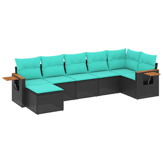 7-tlg. Garten-Sofagarnitur mit Kissen Schwarz Poly Rattan