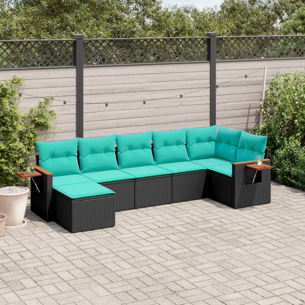 7-tlg. Garten-Sofagarnitur mit Kissen Schwarz Poly Rattan