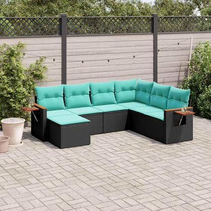 7-tlg. Garten-Sofagarnitur mit Kissen Schwarz Poly Rattan