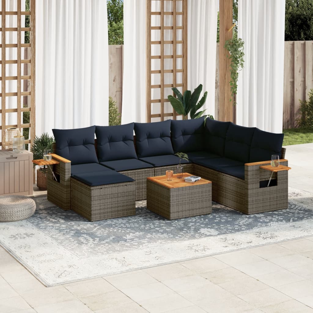 8-tlg. Garten-Sofagarnitur mit Kissen Grau Poly Rattan