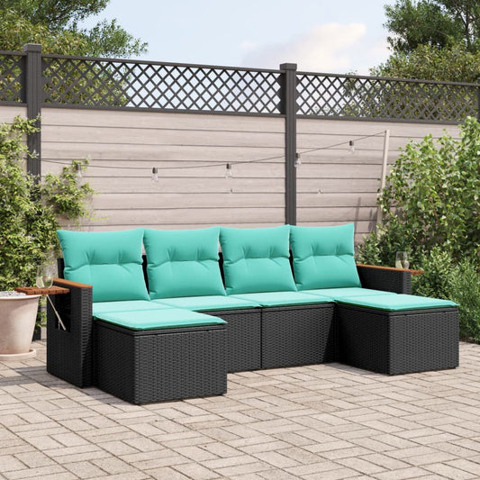 6-tlg. Garten-Sofagarnitur mit Kissen Schwarz Poly Rattan