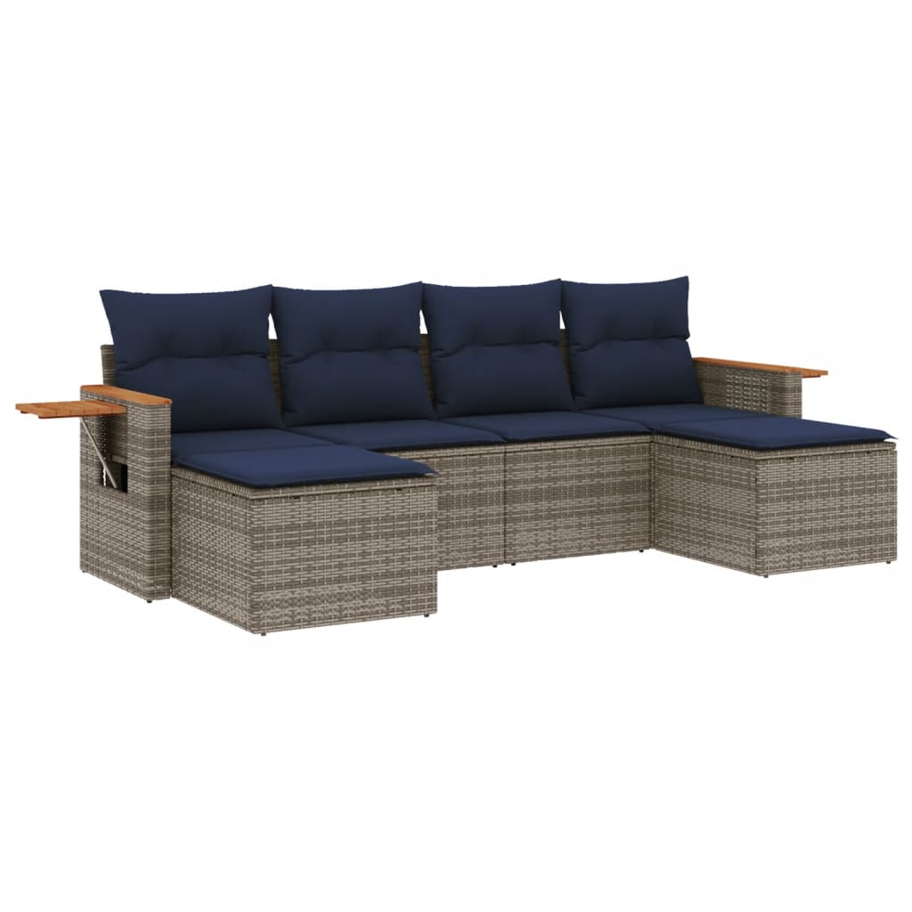 6-tlg. Garten-Sofagarnitur mit Kissen Grau Poly Rattan
