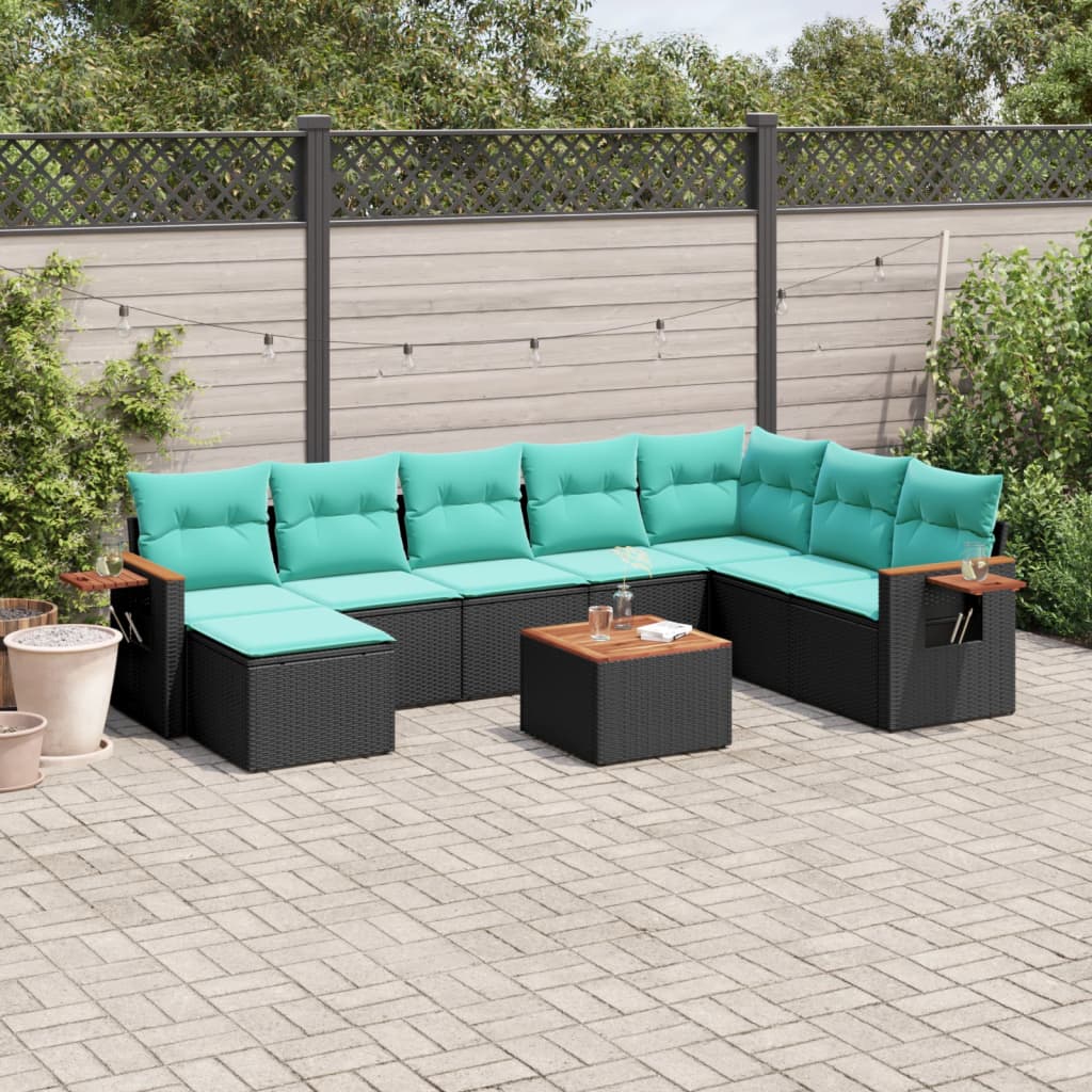 9-tlg. Garten-Sofagarnitur mit Kissen Schwarz Poly Rattan