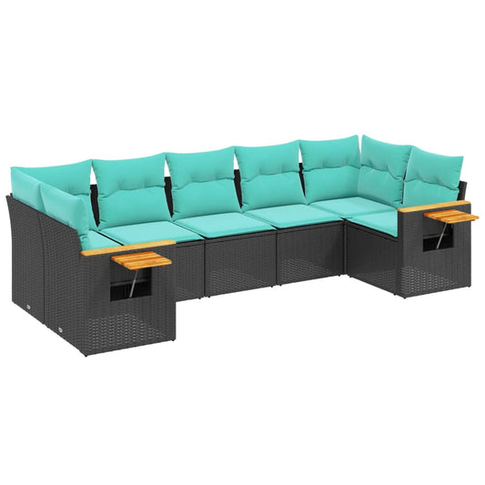 7-tlg. Garten-Sofagarnitur mit Kissen Schwarz Poly Rattan