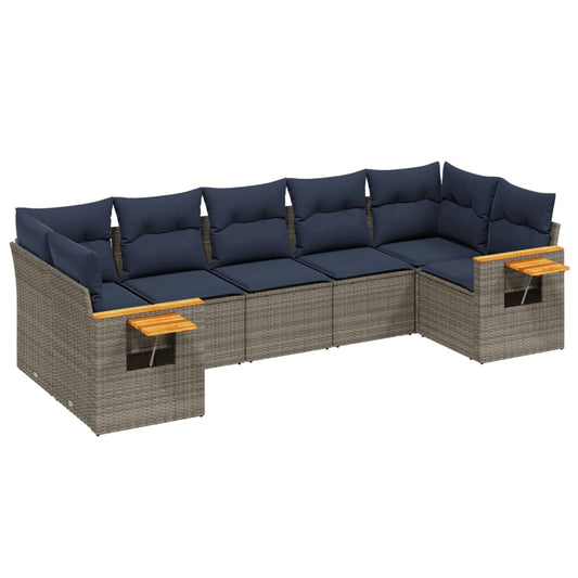 7-tlg. Garten-Sofagarnitur mit Kissen Grau Poly Rattan