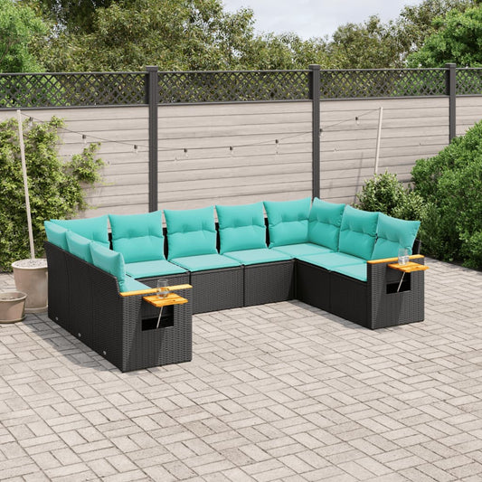 9-tlg. Garten-Sofagarnitur mit Kissen Schwarz Poly Rattan