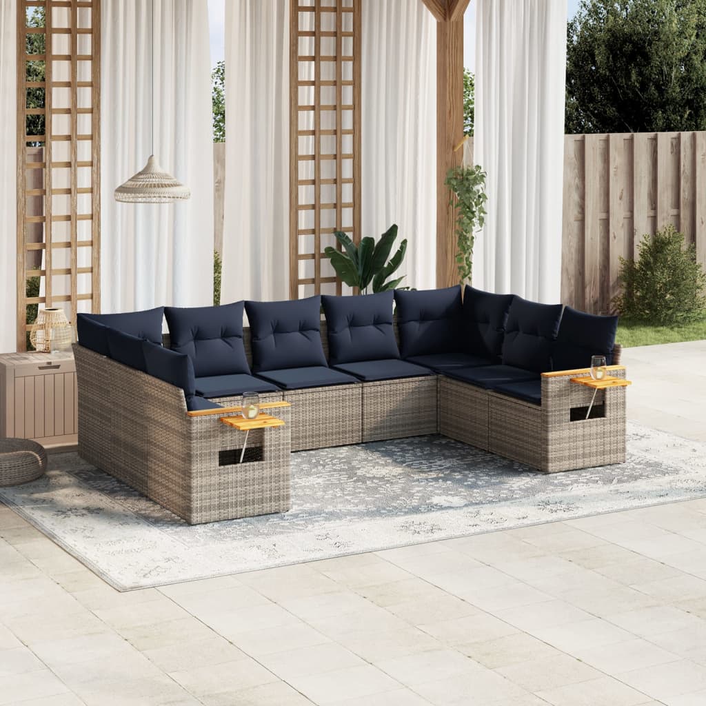 9-tlg. Garten-Sofagarnitur mit Kissen Grau Poly Rattan
