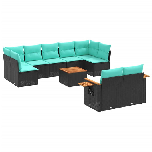 10-tlg. Garten-Sofagarnitur mit Kissen Schwarz Poly Rattan