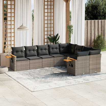 9-tlg. Garten-Sofagarnitur mit Kissen Grau Poly Rattan