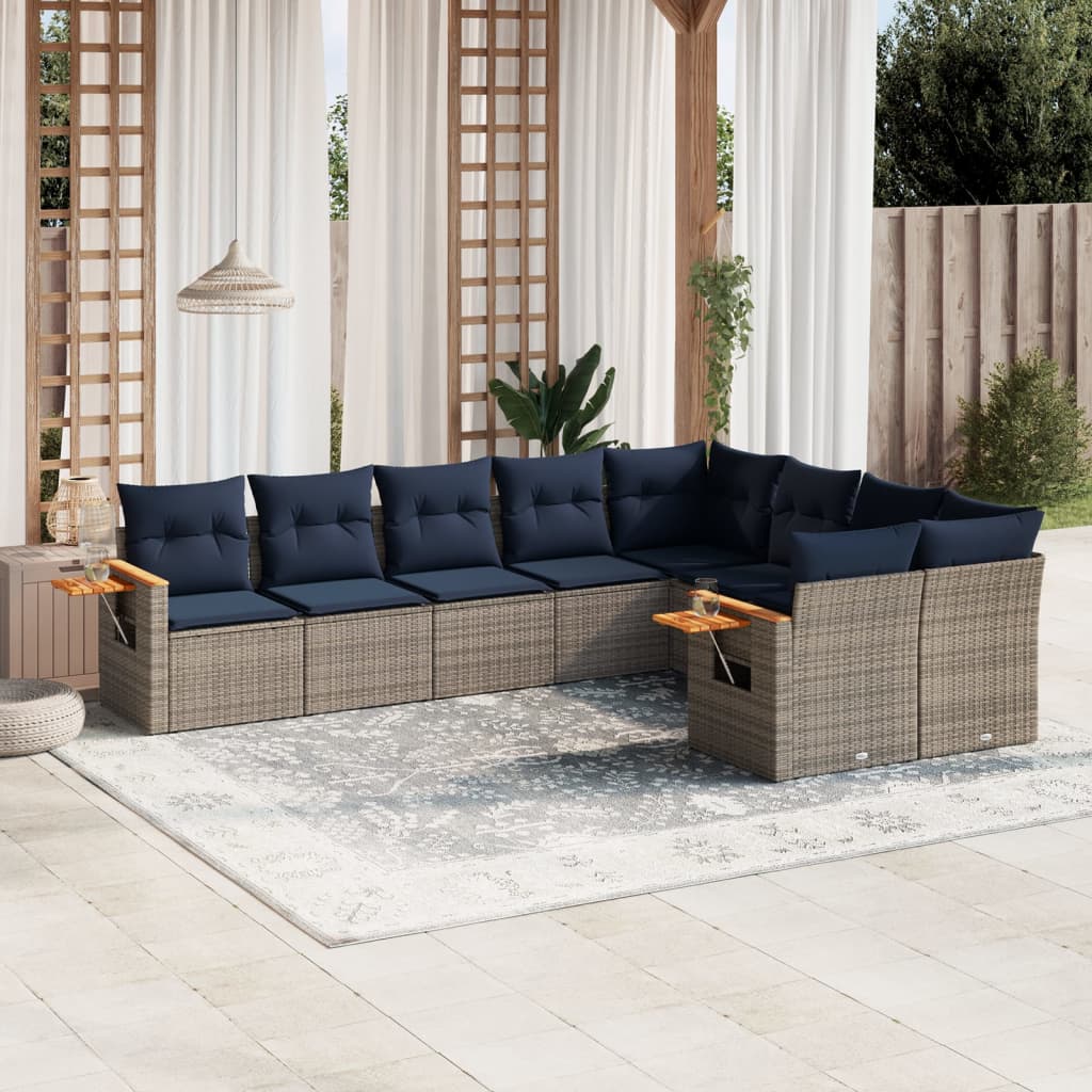 9-tlg. Garten-Sofagarnitur mit Kissen Grau Poly Rattan
