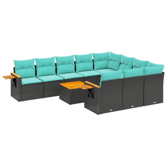 11-tlg. Garten-Sofagarnitur mit Kissen Schwarz Poly Rattan