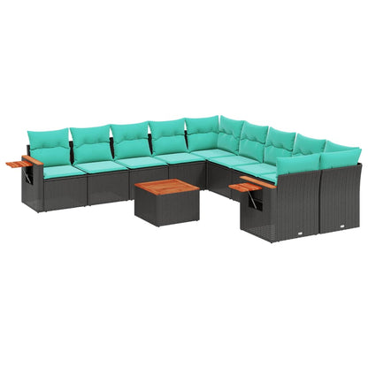 11-tlg. Garten-Sofagarnitur mit Kissen Schwarz Poly Rattan