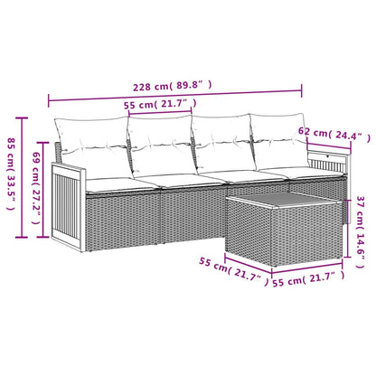 5-teiliges Gartensofa-Set mit Kissen, schwarzes Polyrattan