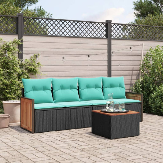 5-teiliges Gartensofa-Set mit Kissen, schwarzes Polyrattan